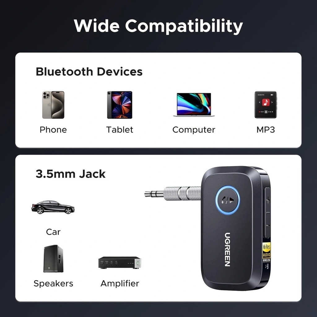 UGREEN BT509 Receptor Bluetooth 6.0 LDAC Hi-Res AUX 3.5 mm – 55546 - Imagen 8