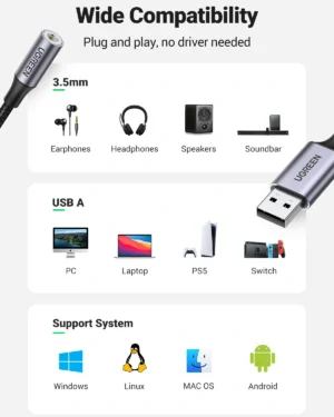 UGREEN Adaptador DAC USB-A a 3.5mm HiFi 24bit/96kHz con Micrófono - Imagen 4