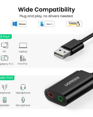 UGREEN US205 – Tarjeta de Sonido USB Externa con Audio y Micrófono 3.5mm – 30724 - Imagen 4